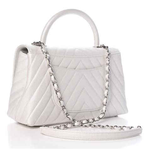 CHANEL Iridescent Caviar Quilted Small Coco Handle Flap White 